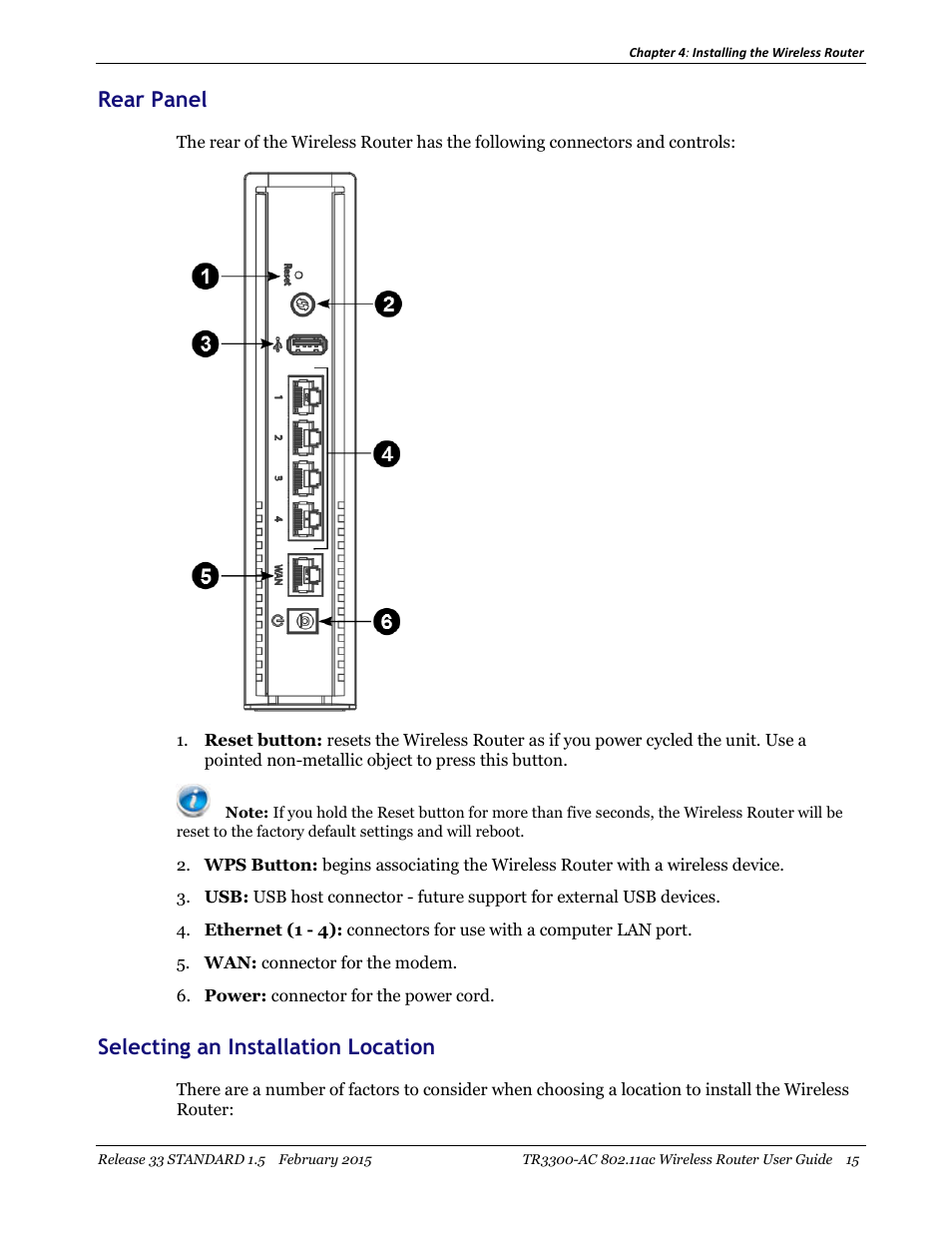 Rear panel selecting an installation location, Rear panel, Selecting an installation location | ARRIS TR3300-AC Users Guide User Manual | Page 15 / 64