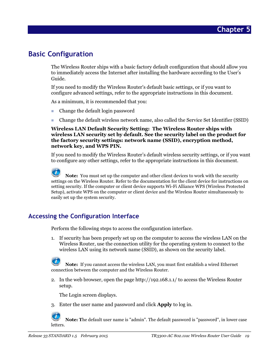 Basic configuration, Accessing the configuration interface, Accessing | The configuration interface, Chapter 5 basic configuration | ARRIS TR3300-AC Users Guide User Manual | Page 19 / 64