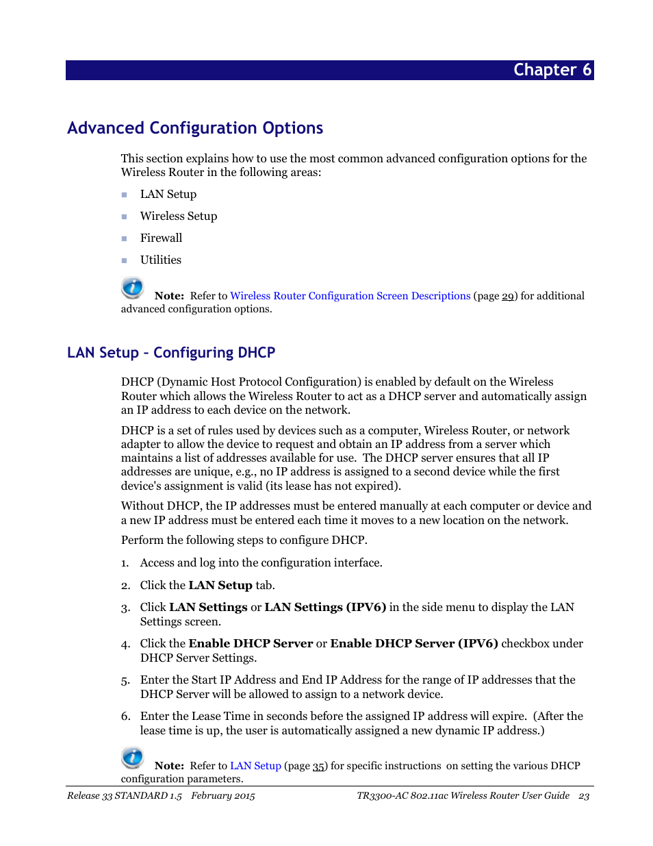 Advanced configuration options, Lan setup – configuring dhcp, Chapter 6 advanced configuration options | ARRIS TR3300-AC Users Guide User Manual | Page 23 / 64