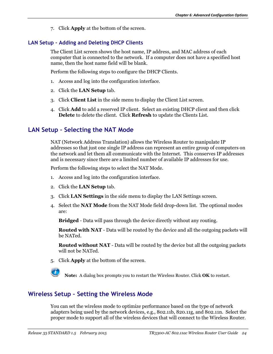 Lan setup – adding and deleting dhcp clients, Lan setup – selecting the nat mode, Wireless setup – setting the wireless mode | ARRIS TR3300-AC Users Guide User Manual | Page 24 / 64