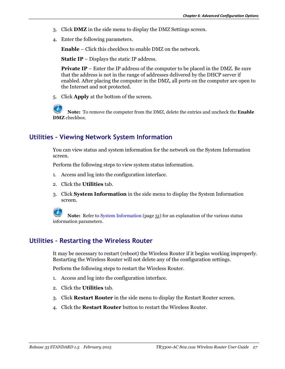 Utilities – viewing network system information, Utilities – restarting the wireless router | ARRIS TR3300-AC Users Guide User Manual | Page 27 / 64