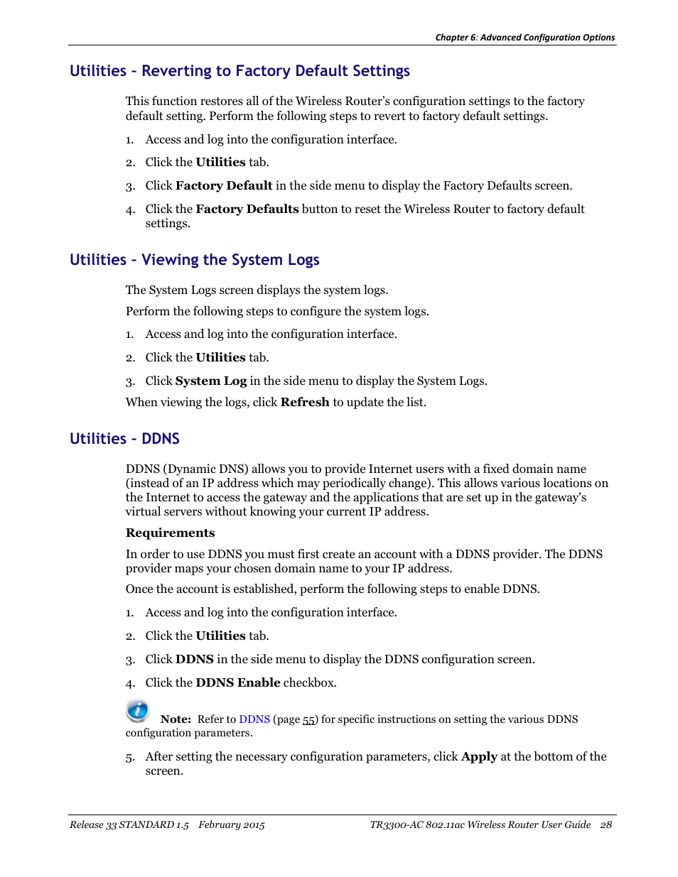 Utilities – reverting to factory default settings, Utilities – viewing the system logs, Utilities – ddns | ARRIS TR3300-AC Users Guide User Manual | Page 28 / 64