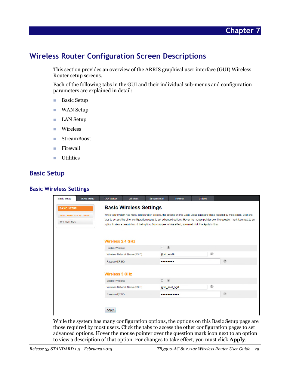 Wireless router configuration screen descriptions, Basic setup, Basic wireless settings | ARRIS TR3300-AC Users Guide User Manual | Page 29 / 64