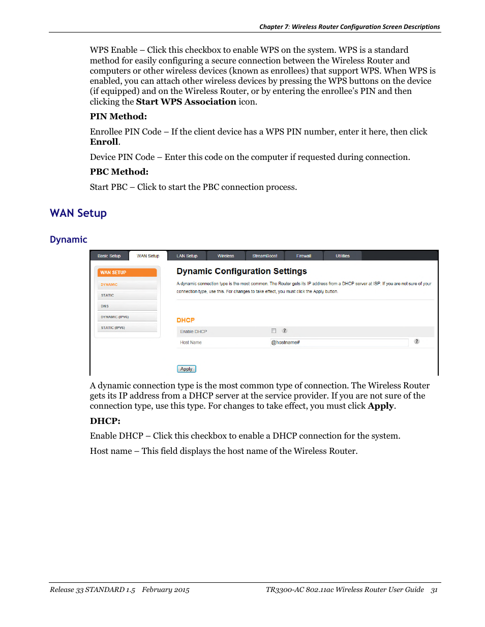 Wan setup, Dynamic | ARRIS TR3300-AC Users Guide User Manual | Page 31 / 64