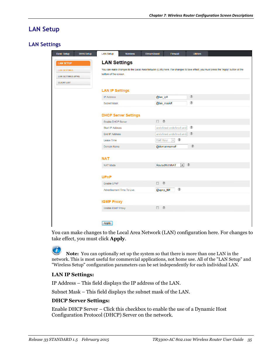 Lan setup, Lan settings | ARRIS TR3300-AC Users Guide User Manual | Page 35 / 64