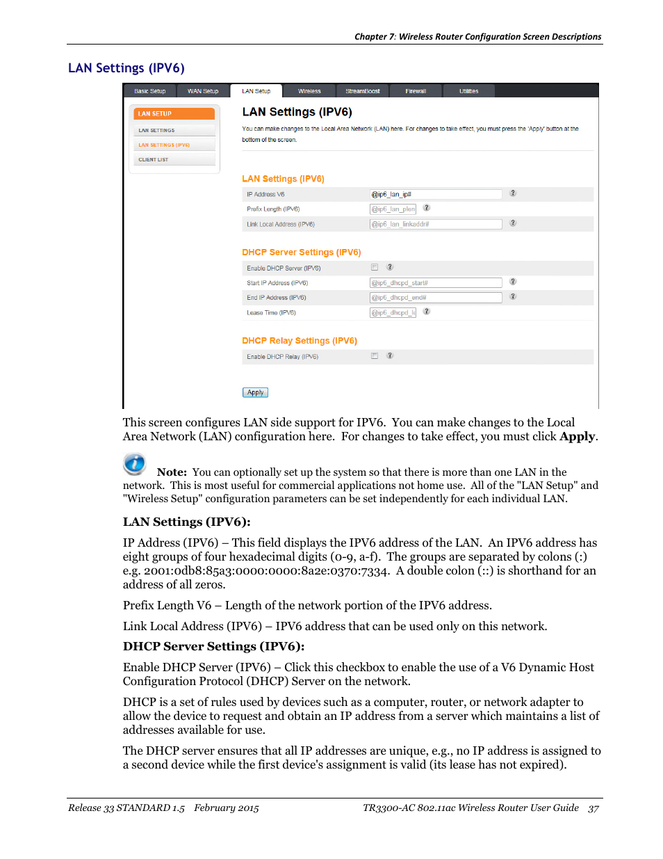 Lan settings (ipv6) | ARRIS TR3300-AC Users Guide User Manual | Page 37 / 64