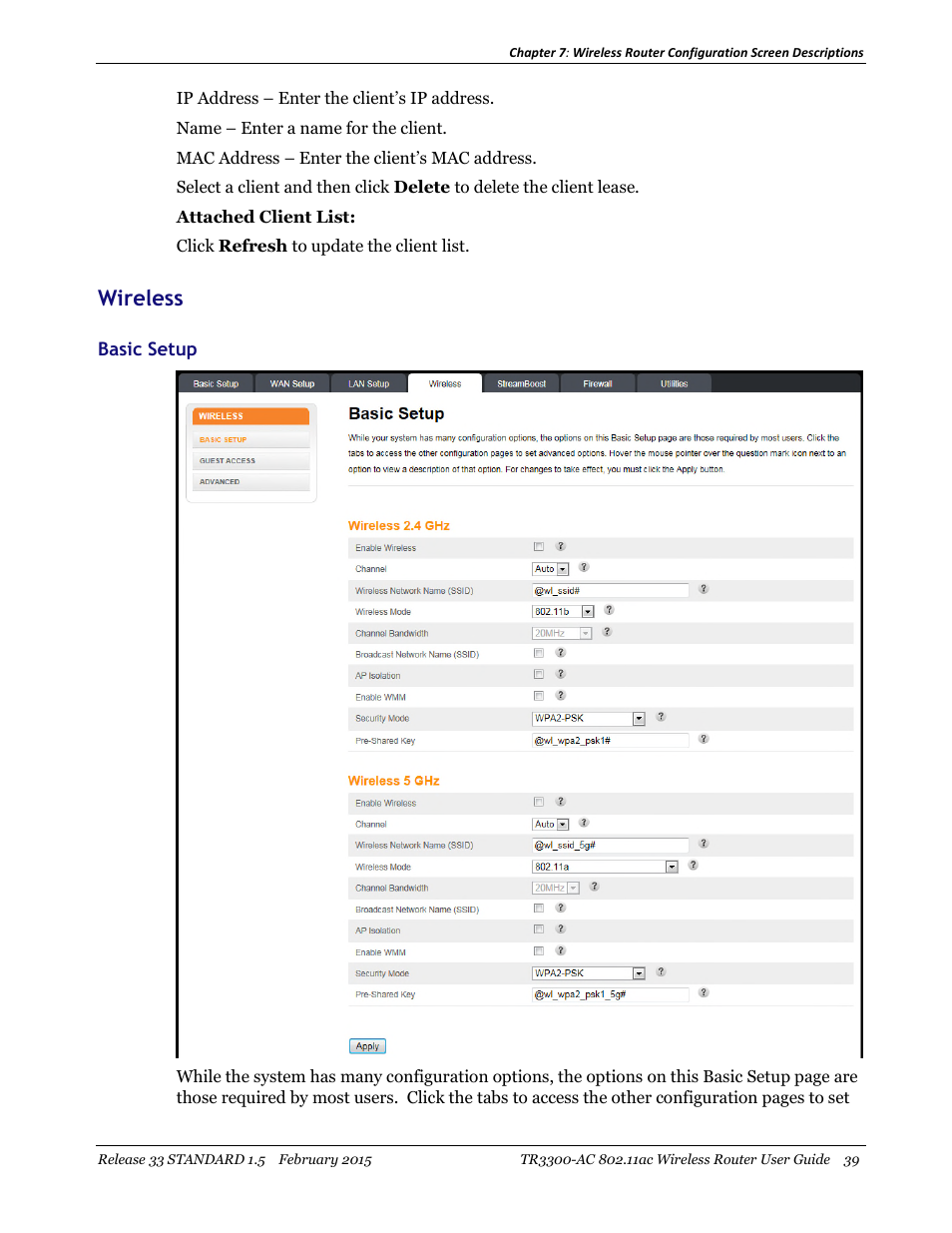 Wireless, Basic setup | ARRIS TR3300-AC Users Guide User Manual | Page 39 / 64
