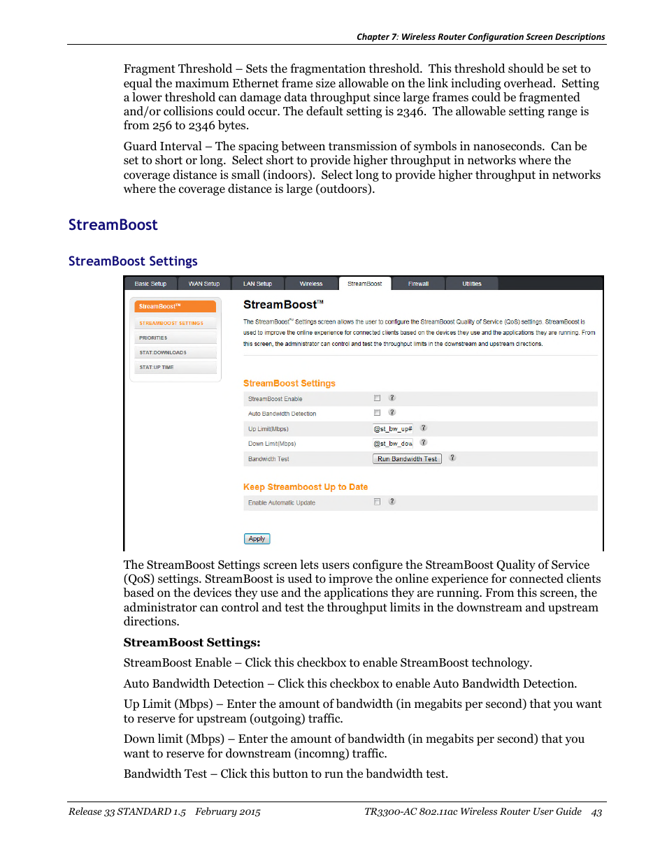 Streamboost, Streamboost settings | ARRIS TR3300-AC Users Guide User Manual | Page 43 / 64