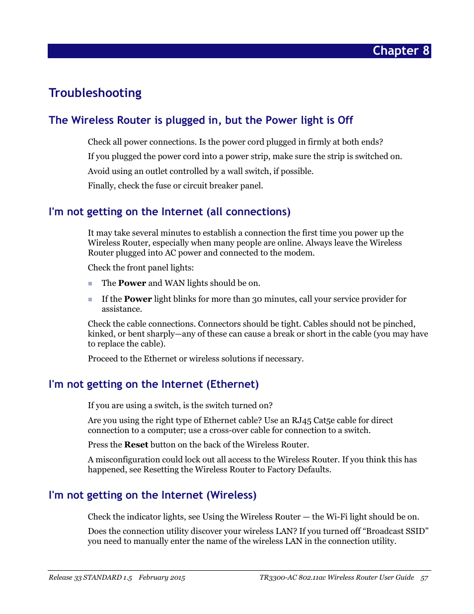 Troubleshooting, Chapter 8 troubleshooting, I'm not getting on the internet (all connections) | I'm not getting on the internet (ethernet), I'm not getting on the internet (wireless) | ARRIS TR3300-AC Users Guide User Manual | Page 57 / 64