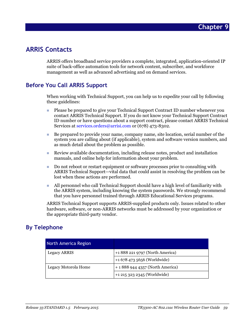 Arris contacts, Before you call arris support by telephone, Chapter 9 arris contacts | Before you call arris support, By telephone | ARRIS TR3300-AC Users Guide User Manual | Page 59 / 64