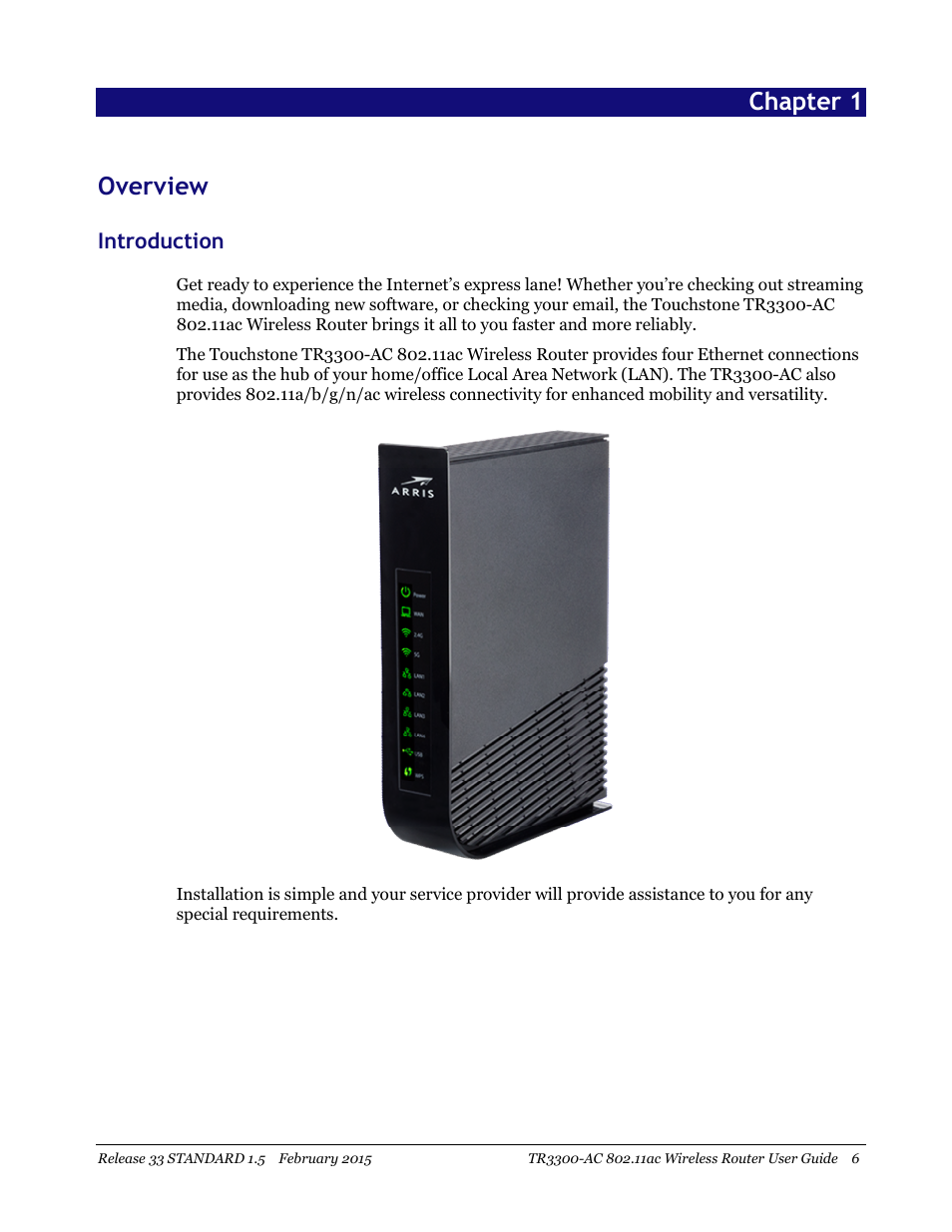Overview, Introduction, Chapter 1 overview | ARRIS TR3300-AC Users Guide User Manual | Page 6 / 64