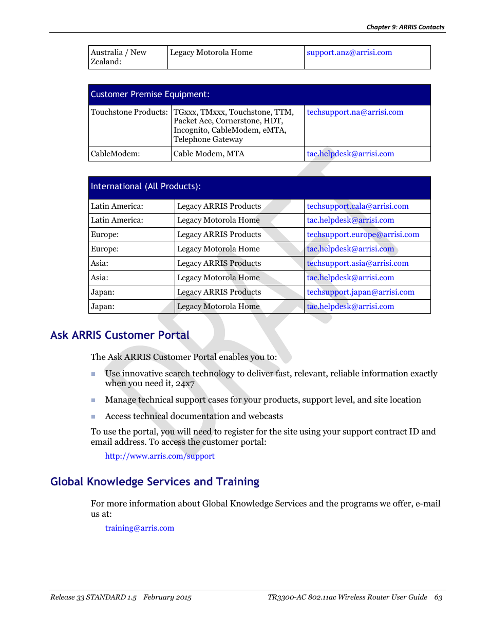 Ask arris customer portal, Global knowledge services and training | ARRIS TR3300-AC Users Guide User Manual | Page 63 / 64