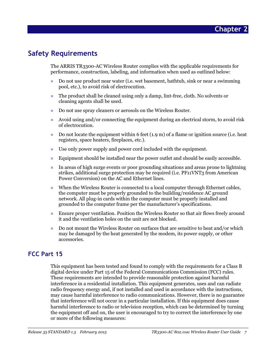 Safety requirements, Fcc part 15, Chapter 2 safety requirements | ARRIS TR3300-AC Users Guide User Manual | Page 7 / 64