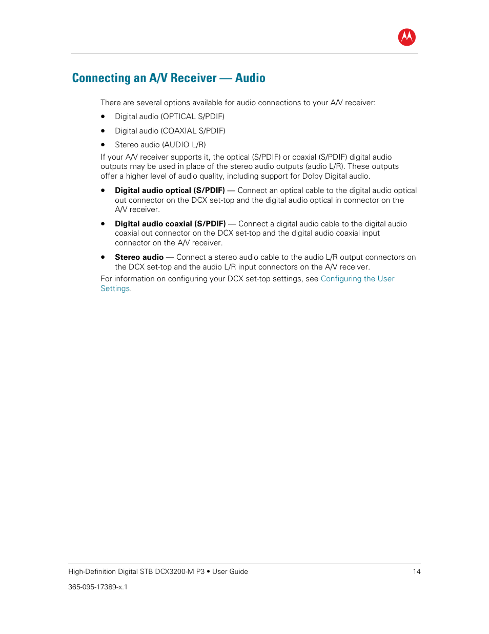 Connecting an a/v receiver — audio, Connecting an a/v receiver, Audio | ARRIS DCX3200MP3 User Guide User Manual | Page 21 / 54