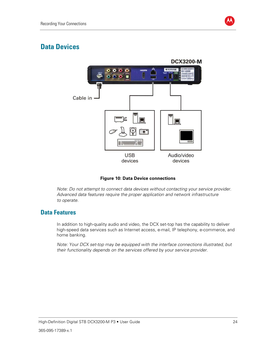 Data devices, Data features, Figure 10: data device connections | ARRIS DCX3200MP3 User Guide User Manual | Page 31 / 54