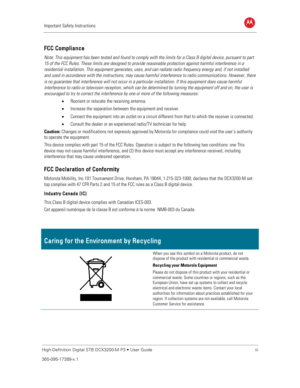 Caring for the environment by recycling | ARRIS DCX3200MP3 User Guide User Manual | Page 5 / 54