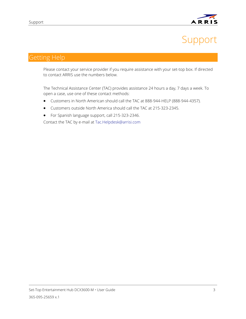 Support, Getting help | ARRIS DCX3600 User Guide User Manual | Page 10 / 42