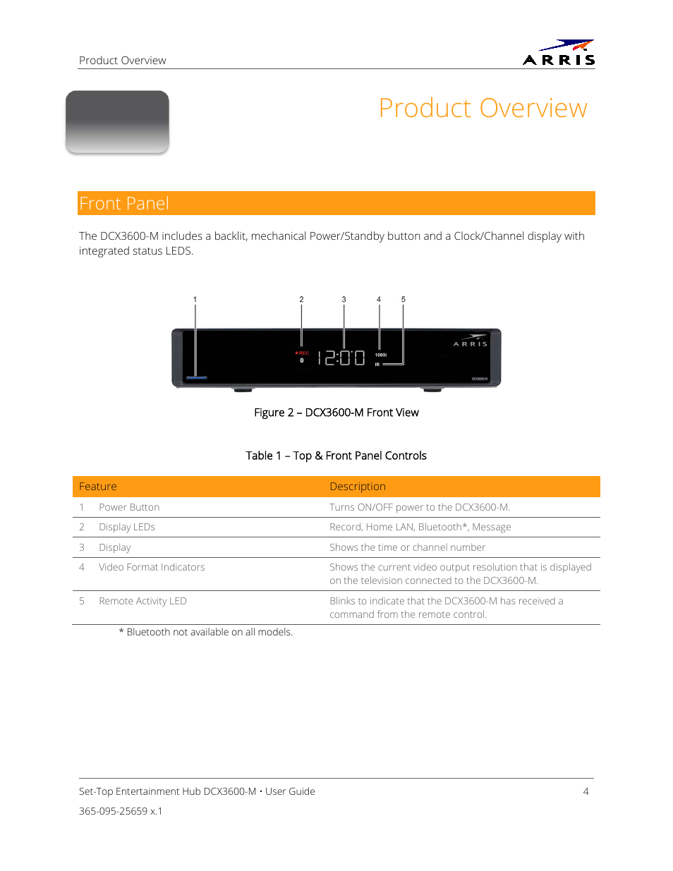 Product overview, Front panel, Table 1 – top & front panel controls | Figure 2 – dcx3600-m front view | ARRIS DCX3600 User Guide User Manual | Page 11 / 42