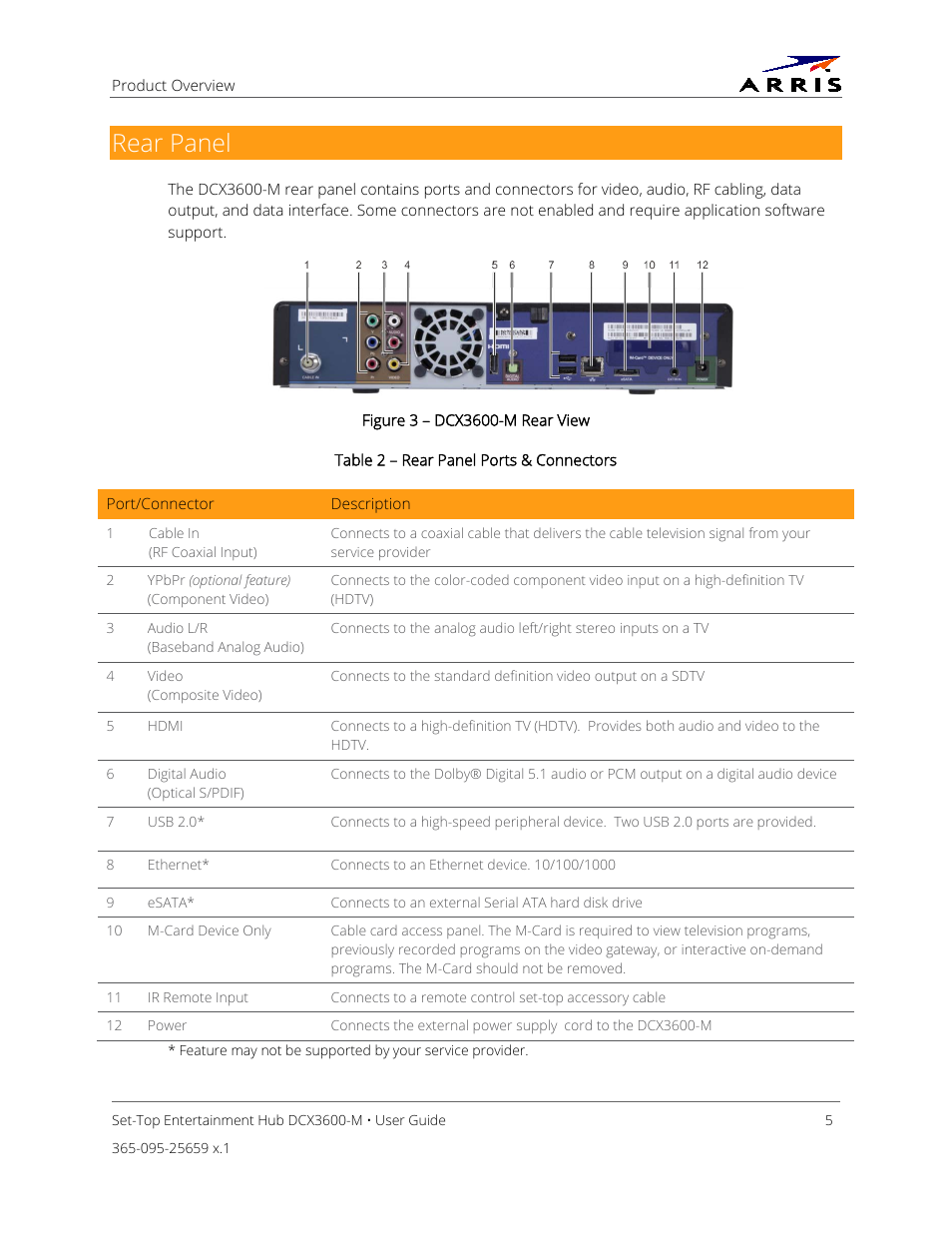 Rear panel, Table 2 – rear panel ports & connectors, Figure 3 – dcx3600-m rear view | ARRIS DCX3600 User Guide User Manual | Page 12 / 42