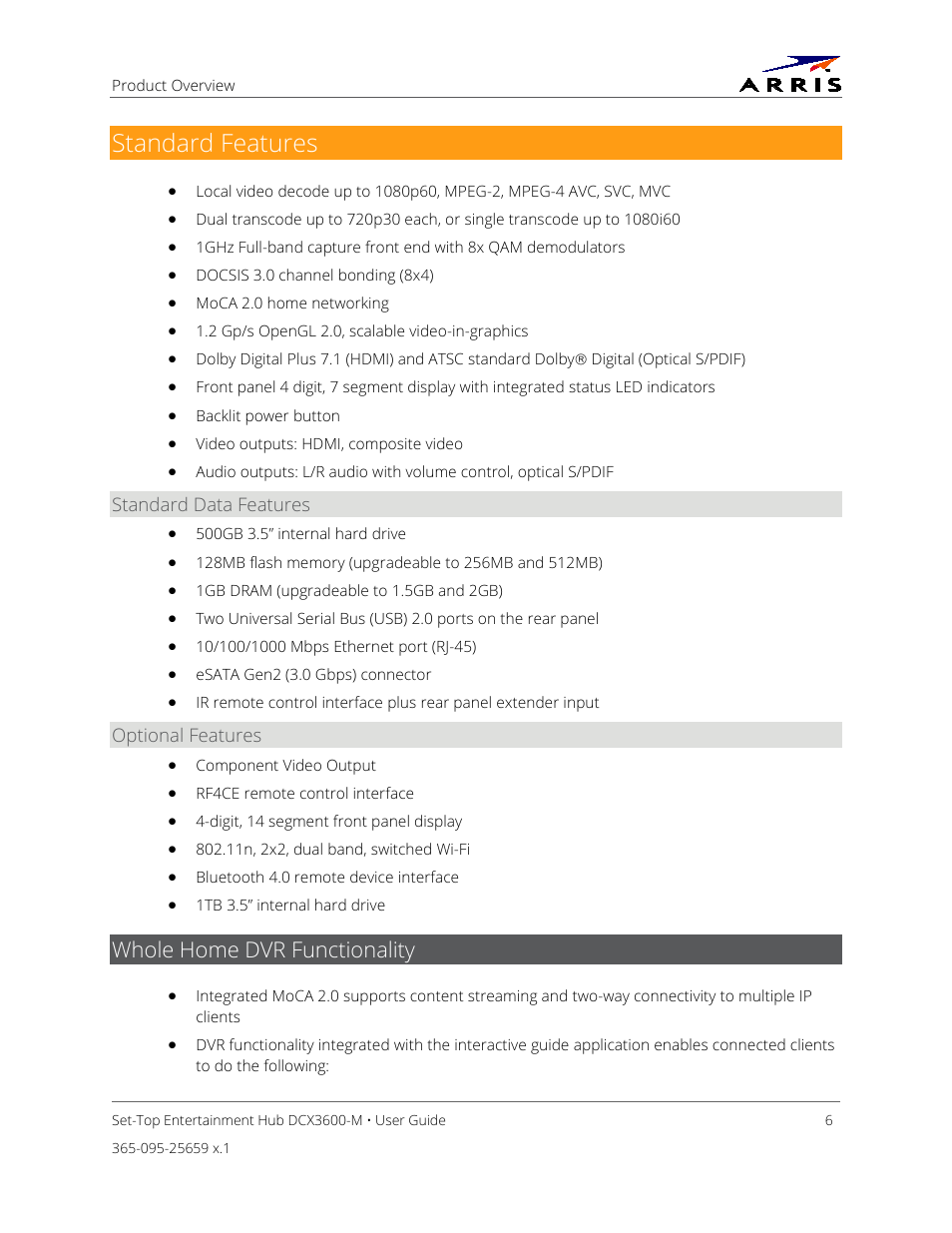 Standard features, Whole home dvr functionality | ARRIS DCX3600 User Guide User Manual | Page 13 / 42