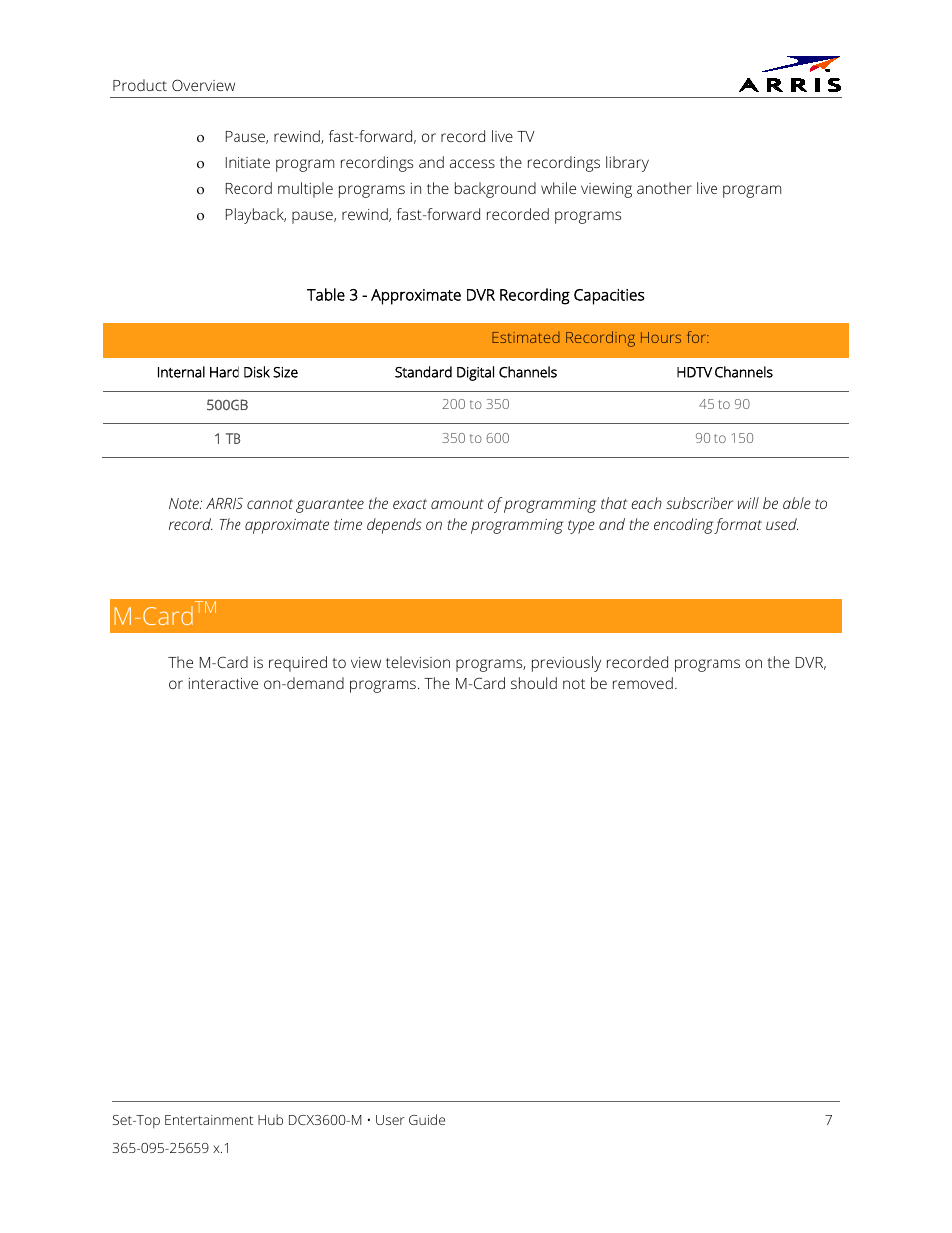 M-cardtm, M-card, Table 3 - approximate dvr recording capacities | ARRIS DCX3600 User Guide User Manual | Page 14 / 42