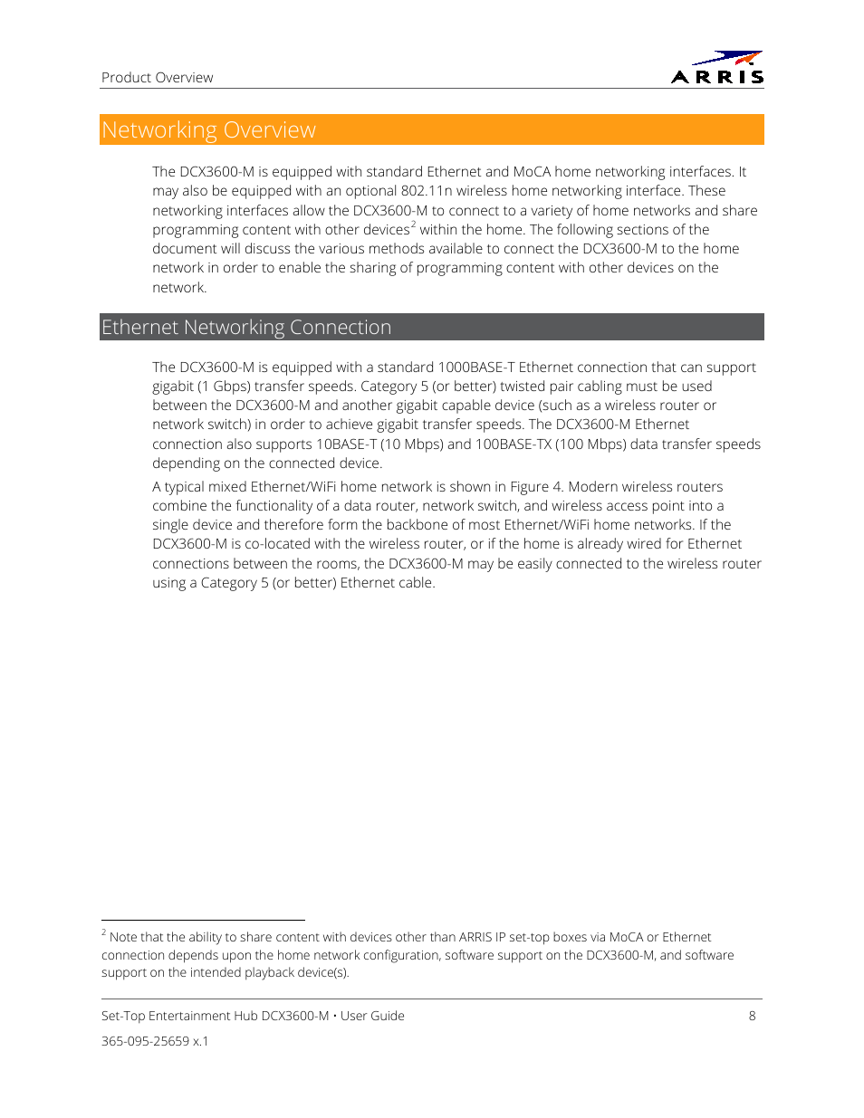 Networking overview, Ethernet networking connection | ARRIS DCX3600 User Guide User Manual | Page 15 / 42