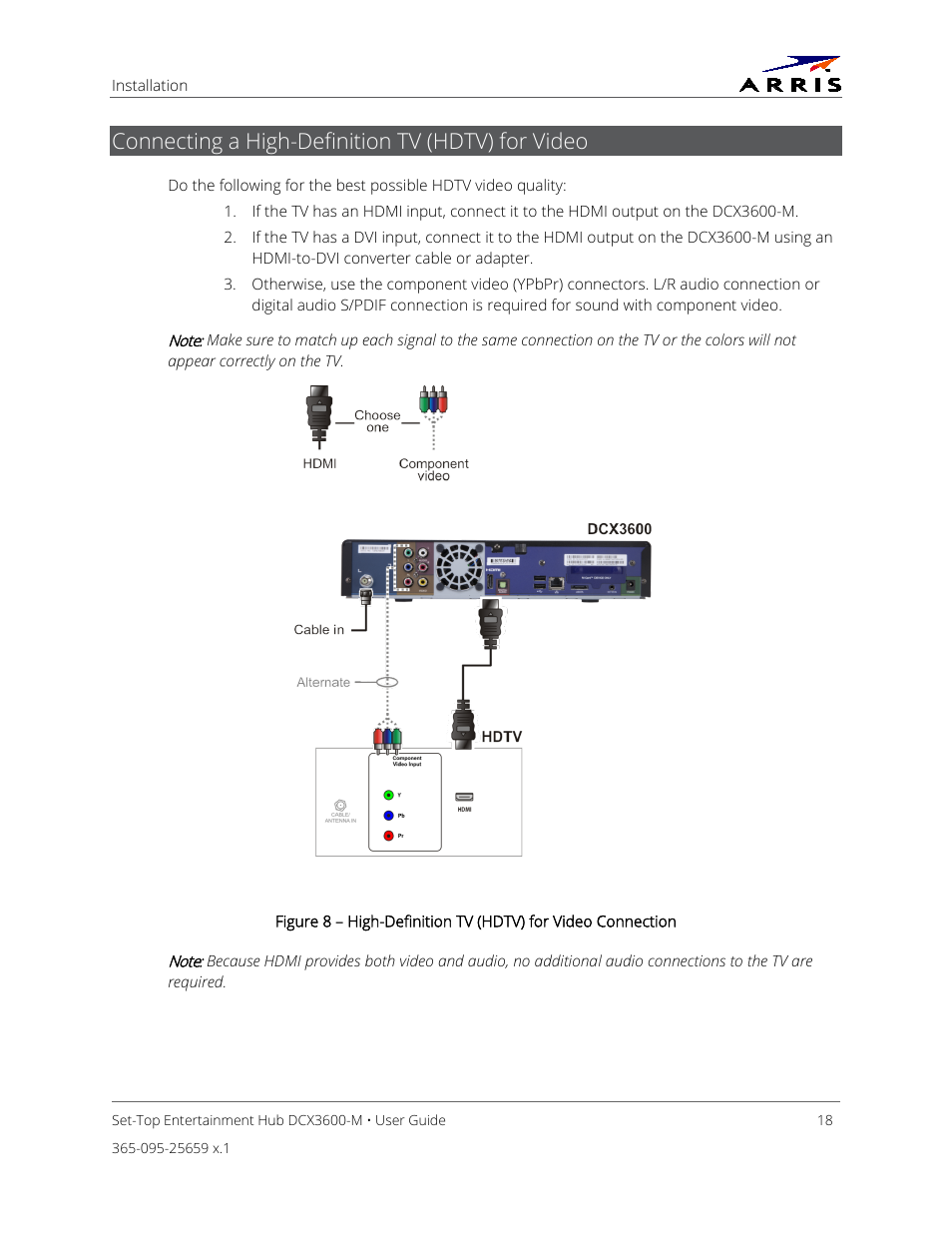Connecting a high-definition tv (hdtv) for video | ARRIS DCX3600 User Guide User Manual | Page 25 / 42