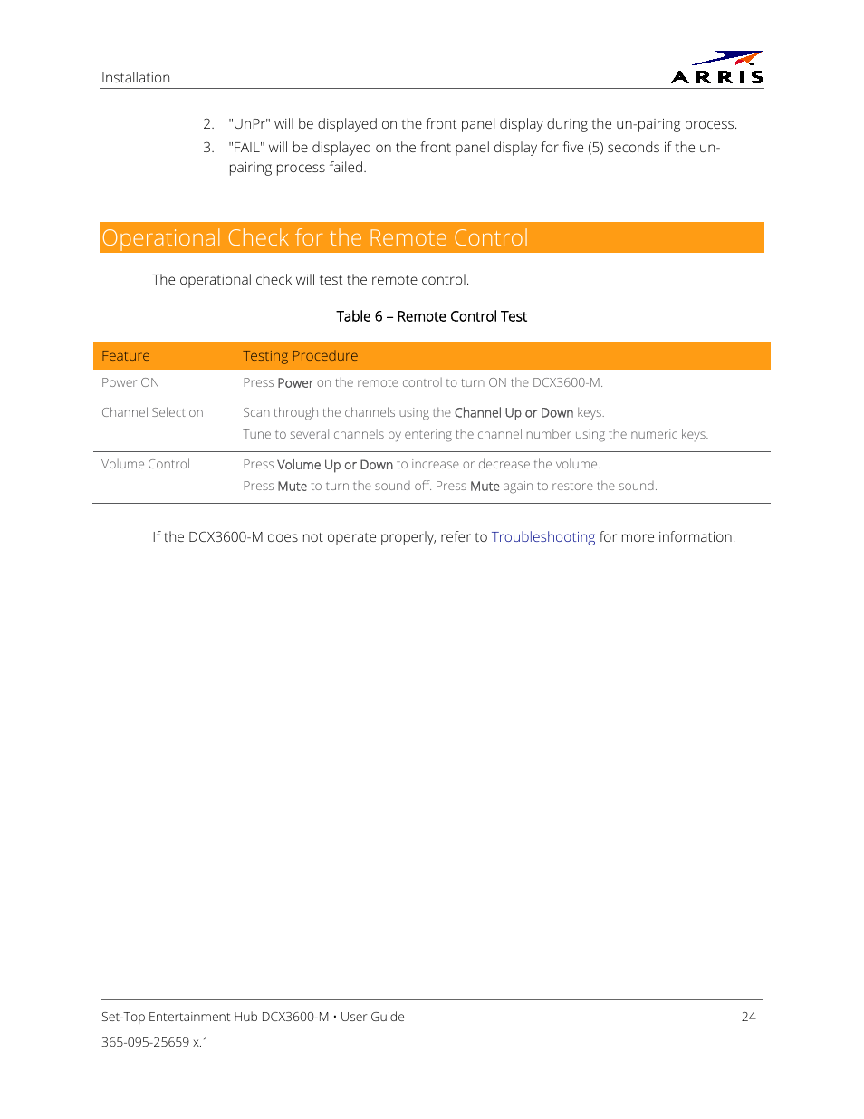 Operational check for the remote control, Table 6 – remote control test | ARRIS DCX3600 User Guide User Manual | Page 31 / 42