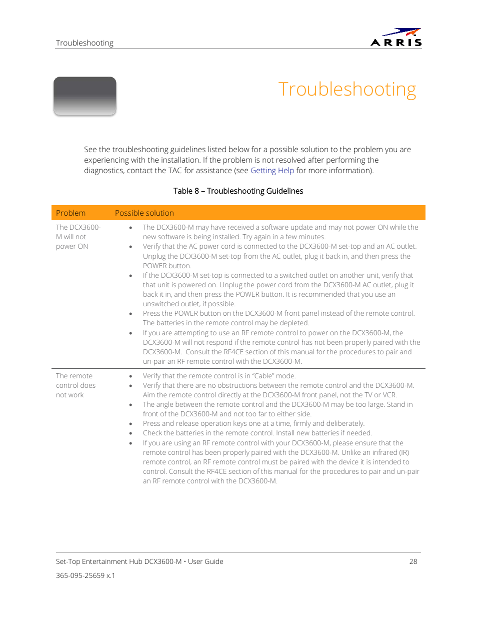 Troubleshooting, Table 8 – troubleshooting guidelines | ARRIS DCX3600 User Guide User Manual | Page 35 / 42