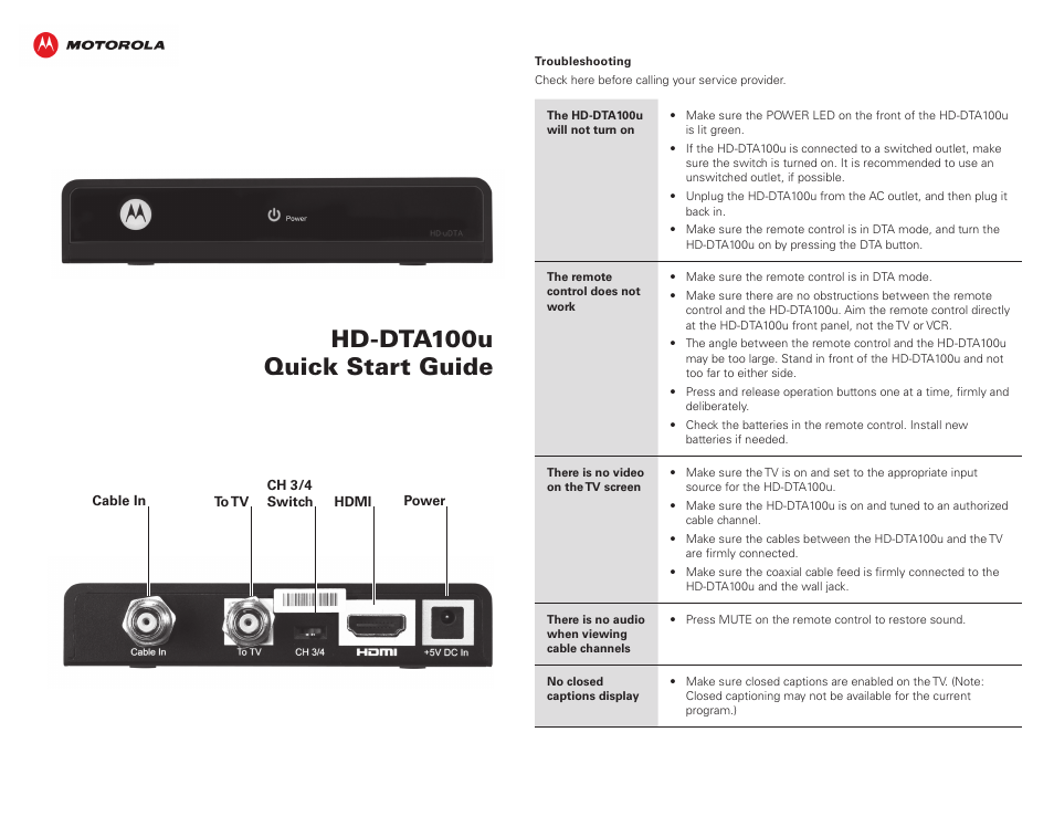 ARRIS HD-DTA100u Quick Start Guide User Manual | 2 pages