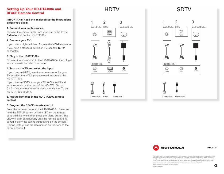 Hdtv, Sdtv | ARRIS HD-DTA100u Quick Start Guide User Manual | Page 2 / 2