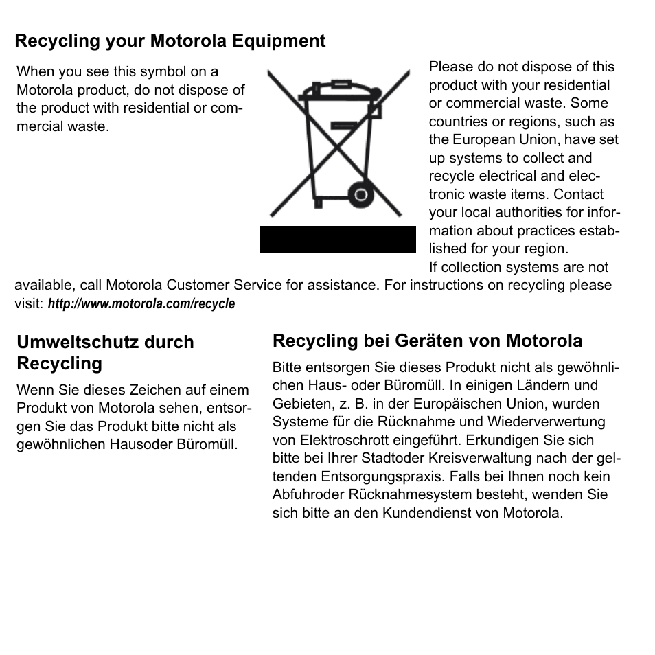 Recycling your motorola equipment, Recycling bei geräten von motorola, Umweltschutz durch recycling | ARRIS 2247-N8-10NA Quick Start Guide User Manual | Page 21 / 24