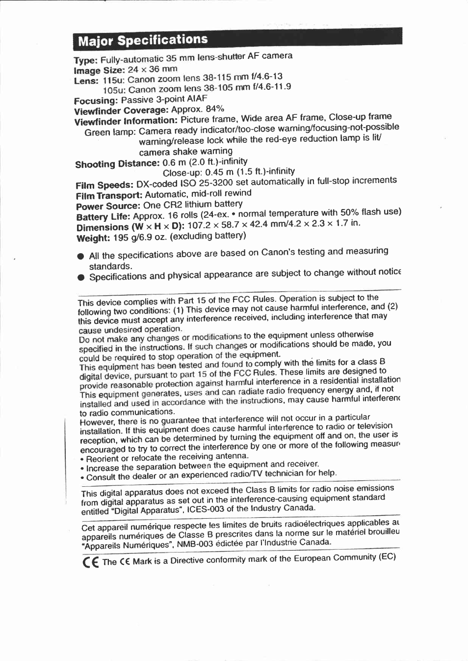 Major specifications | Canon Sure Shot 115U User Manual | Page 15 / 15