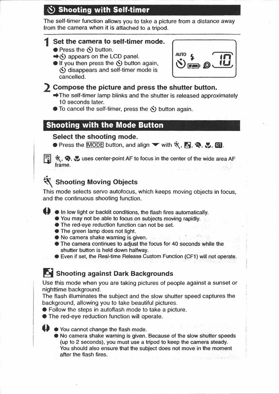 0 shooting with self-timer, Set the camera to self-timer mode, Compose the picture and press the shutter button | Shooting with the mode button, Select the shooting mode, Shooting moving objects, S shooting against dark backgrounds | Canon Sure Shot 115U User Manual | Page 9 / 15
