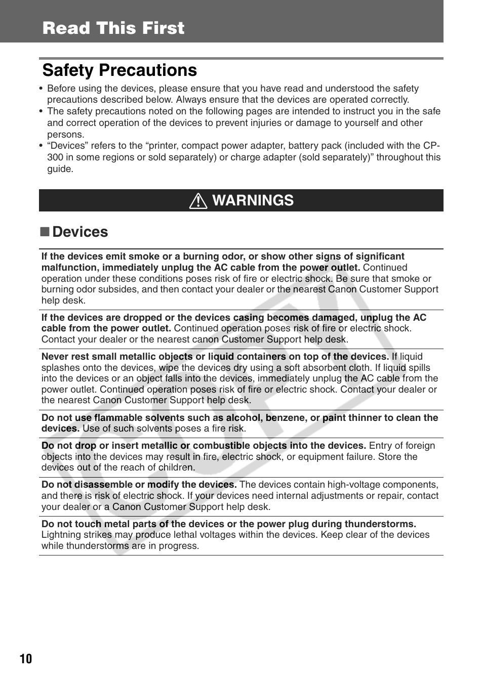 Read this first safety precautions, Devices warnings | Canon CP200 User Manual | Page 11 / 53