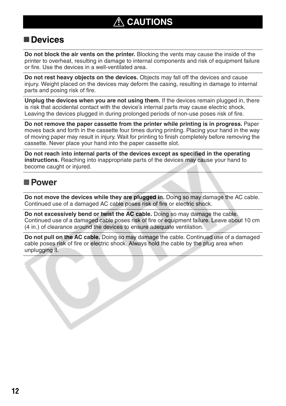 Devices     power cautions | Canon CP200 User Manual | Page 13 / 53
