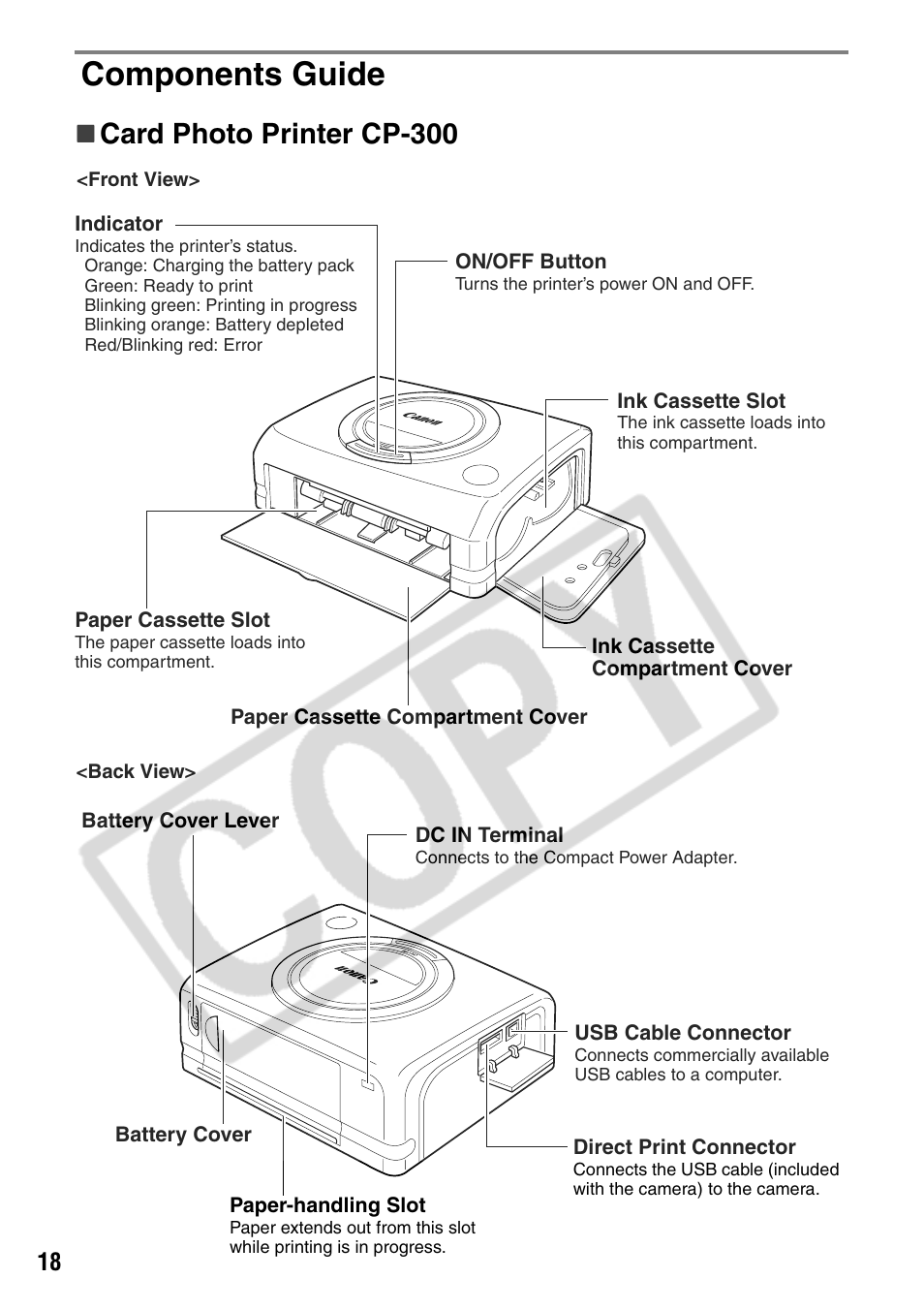 Components guide, Card photo printer cp-300 | Canon CP200 User Manual | Page 19 / 53