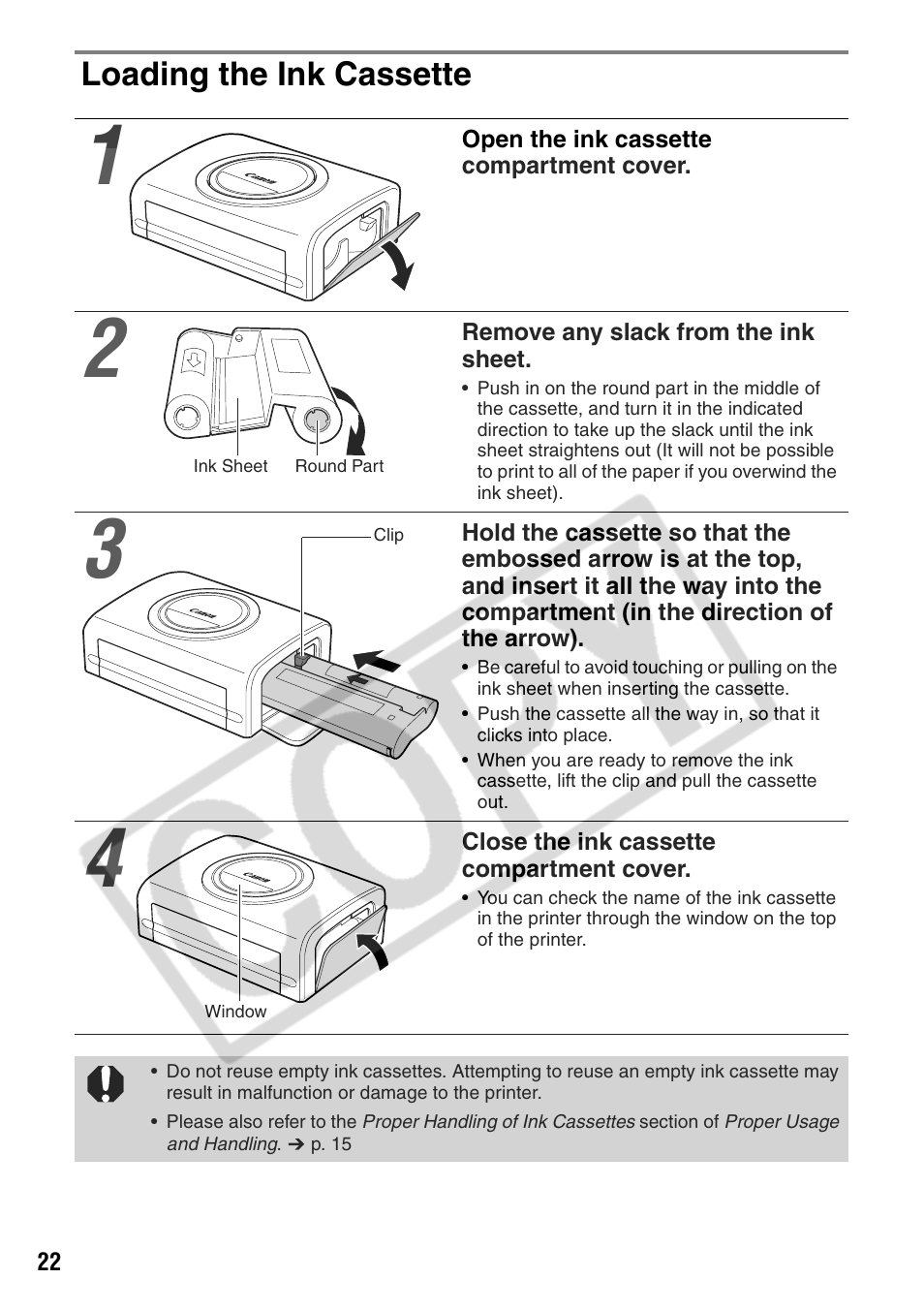 Loading the ink cassette | Canon CP200 User Manual | Page 23 / 53