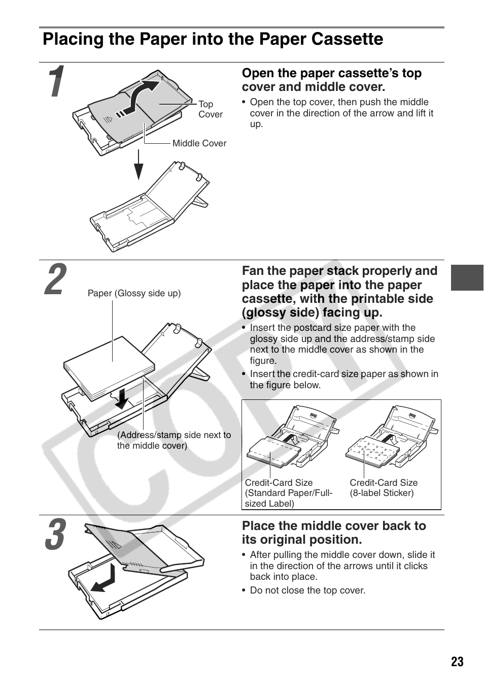 Placing the paper into the paper cassette | Canon CP200 User Manual | Page 24 / 53