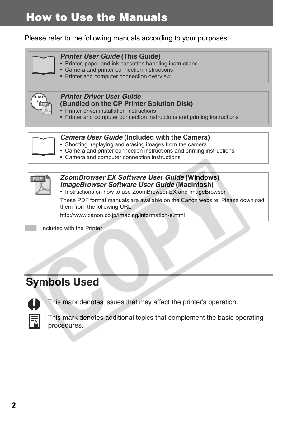 How to use the manuals symbols used | Canon CP200 User Manual | Page 3 / 53