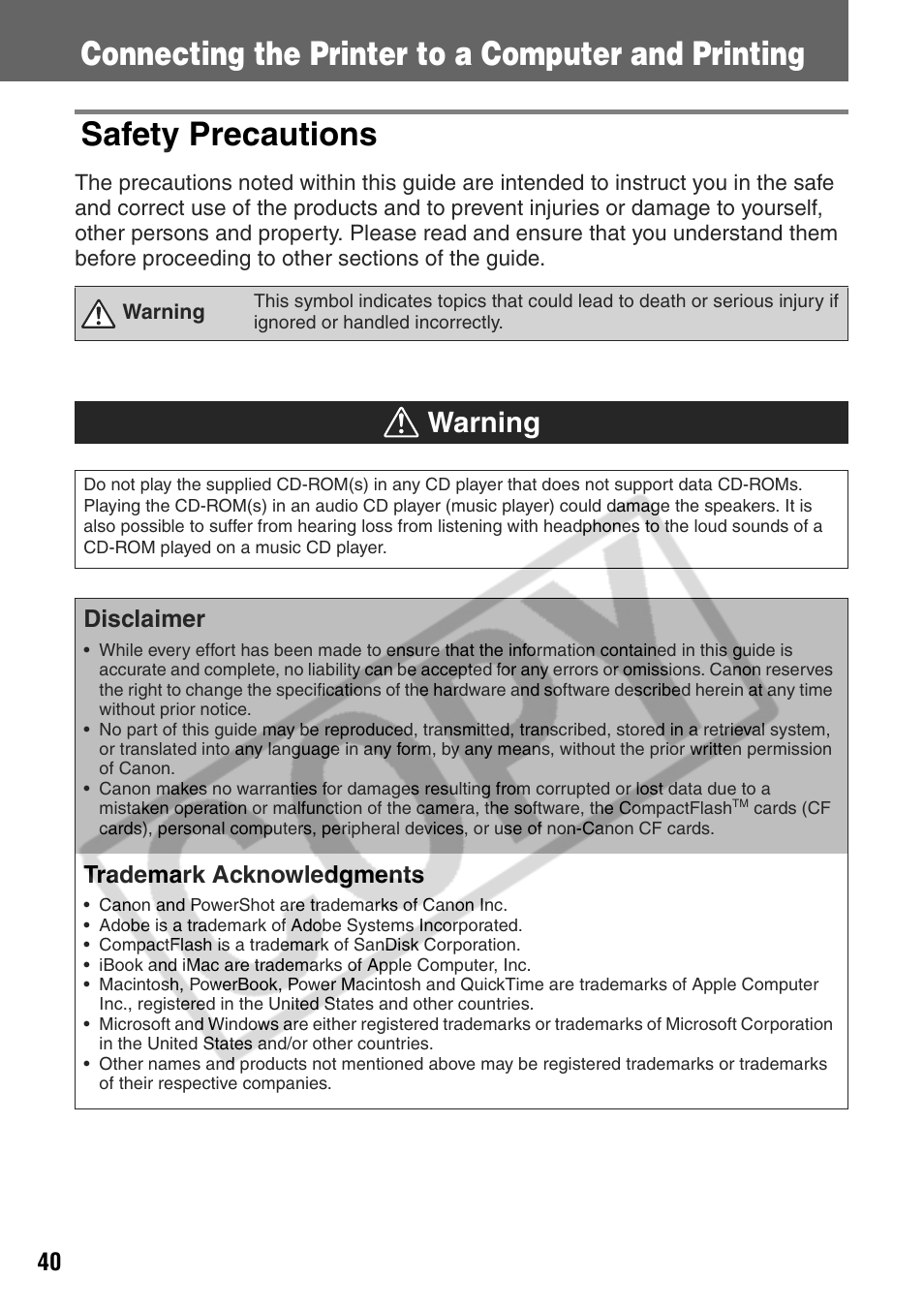 Warning, Disclaimer, Trademark acknowledgments | Canon CP200 User Manual | Page 41 / 53