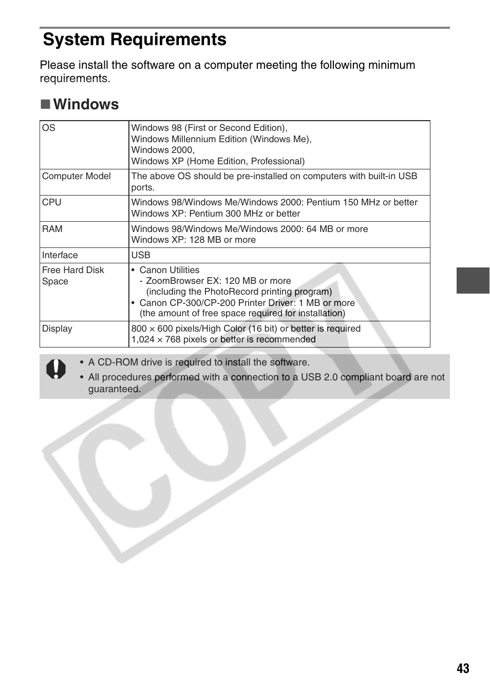 System requirements, Windows | Canon CP200 User Manual | Page 44 / 53