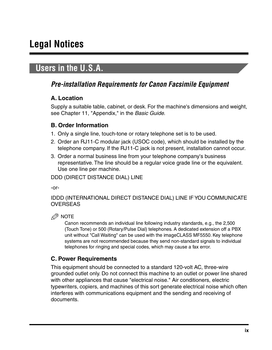 Legal notices, Users in the u.s.a | Canon MF5550 User Manual | Page 11 / 98