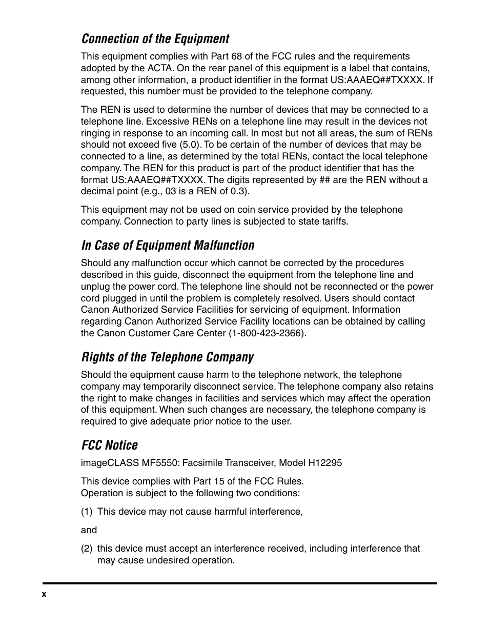 Connection of the equipment, Rights of the telephone company, Fcc notice | Canon MF5550 User Manual | Page 12 / 98