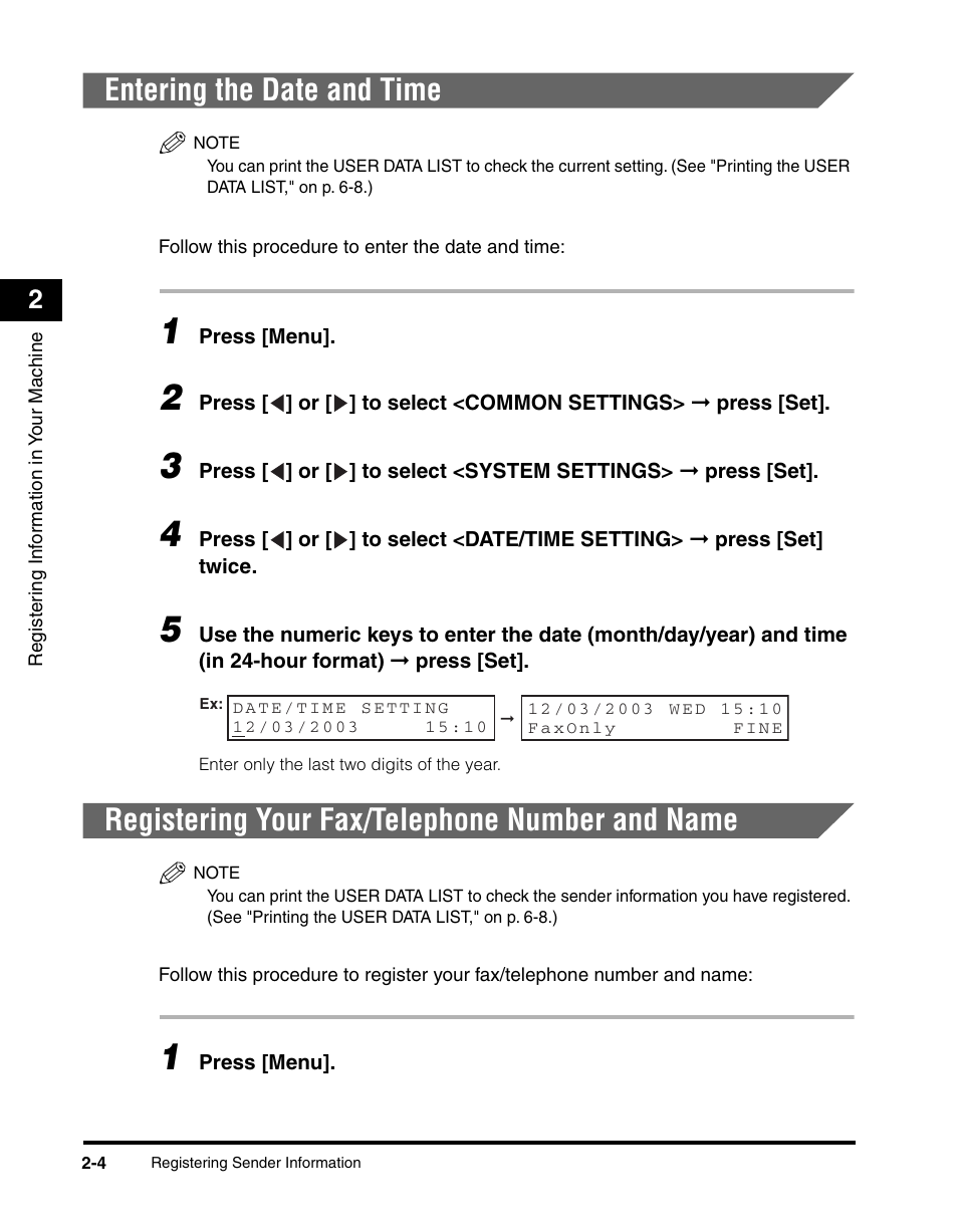 Entering the date and time, Registering your fax/telephone number and name | Canon MF5550 User Manual | Page 26 / 98