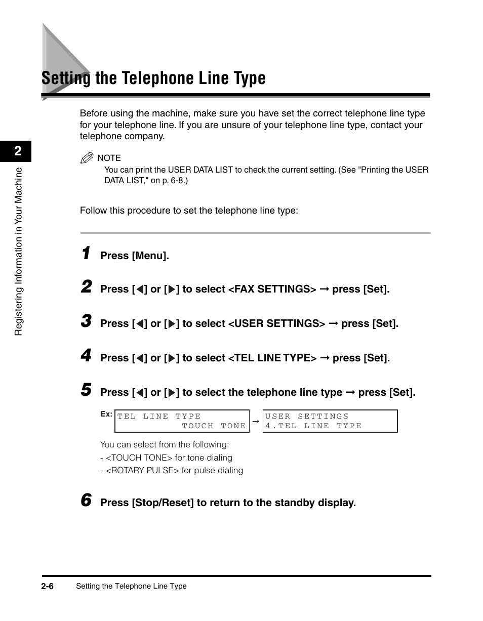 Setting the telephone line type, Setting the telephone line type -6 | Canon MF5550 User Manual | Page 28 / 98