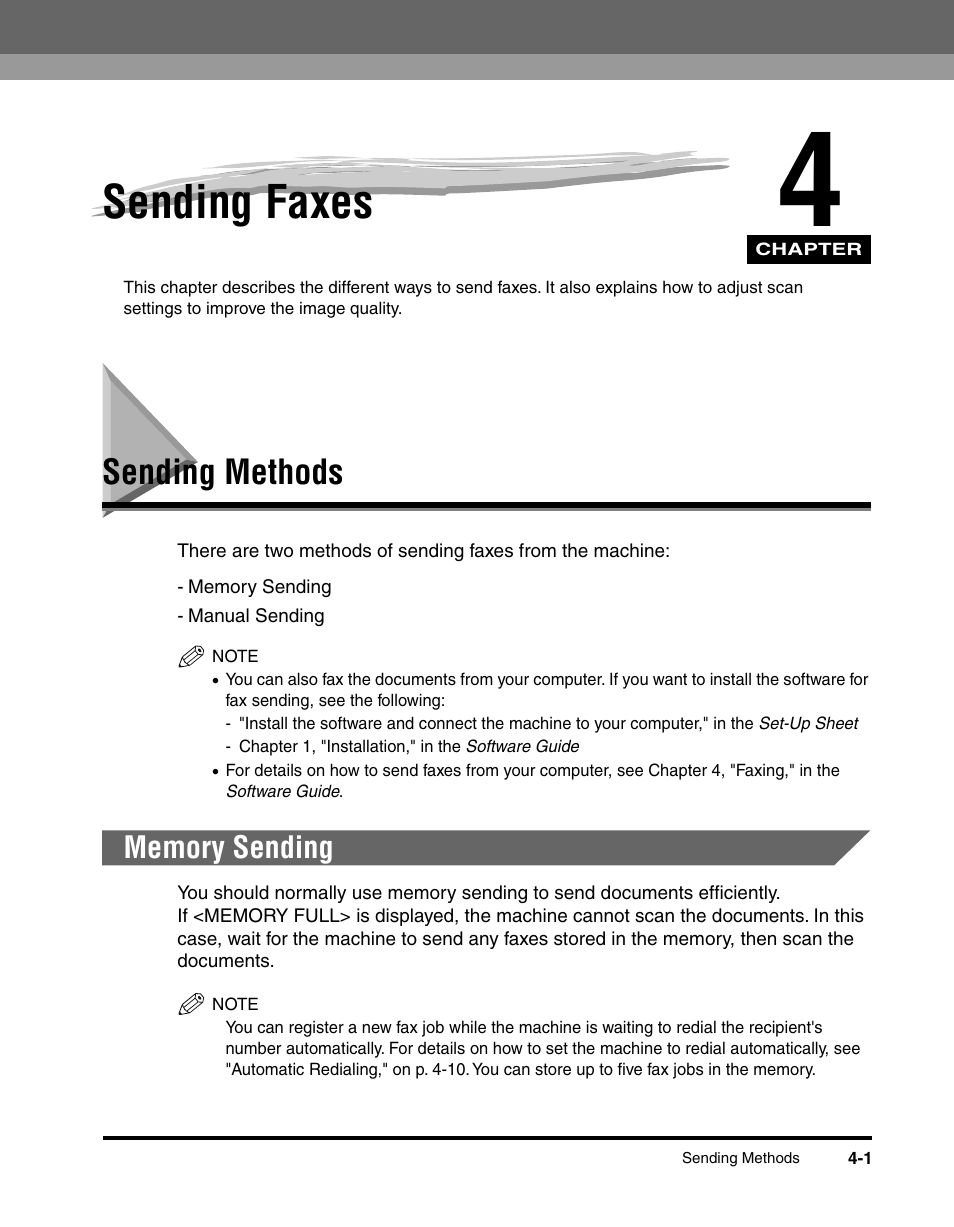Sending faxes, Sending methods, Memory sending | Canon MF5550 User Manual | Page 39 / 98