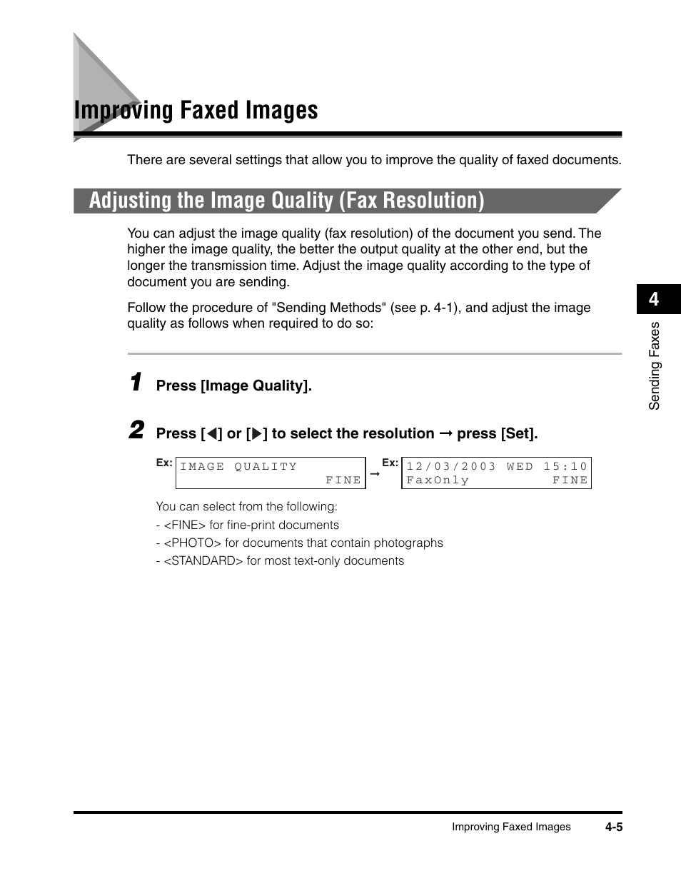 Improving faxed images, Adjusting the image quality (fax resolution) | Canon MF5550 User Manual | Page 43 / 98