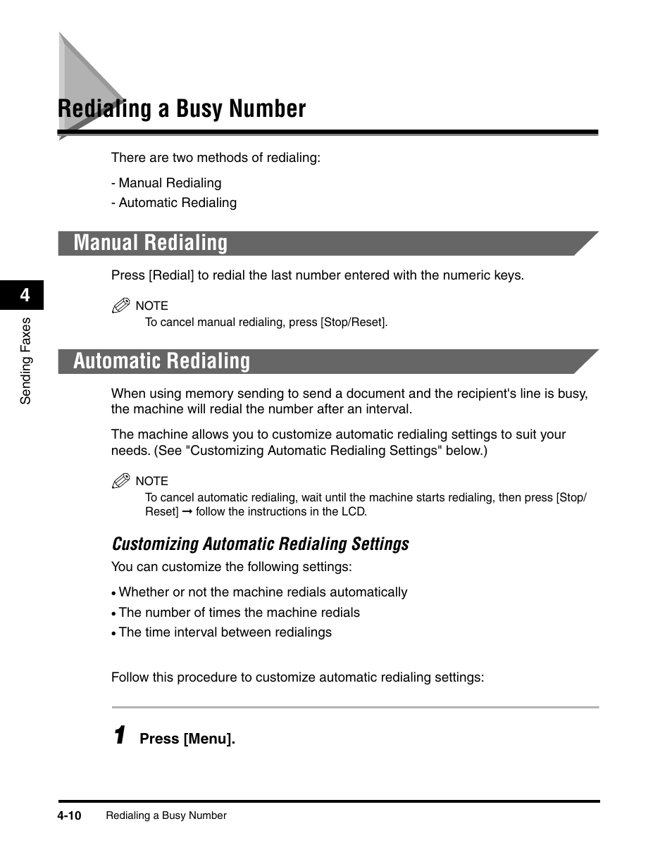 Redialing a busy number, Manual redialing, Automatic redialing | Customizing automatic redialing settings | Canon MF5550 User Manual | Page 48 / 98