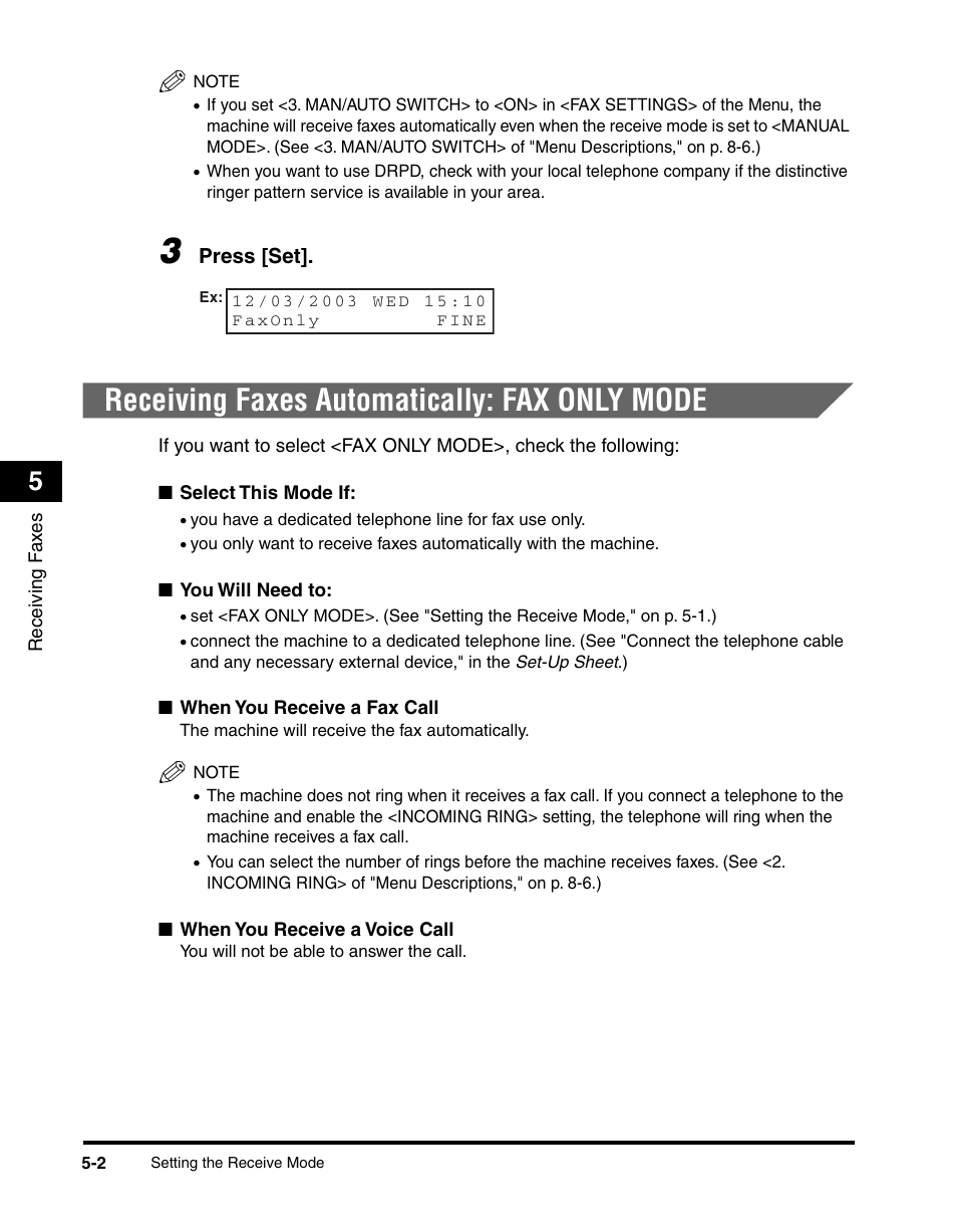 Receiving faxes automatically: fax only mode | Canon MF5550 User Manual | Page 56 / 98